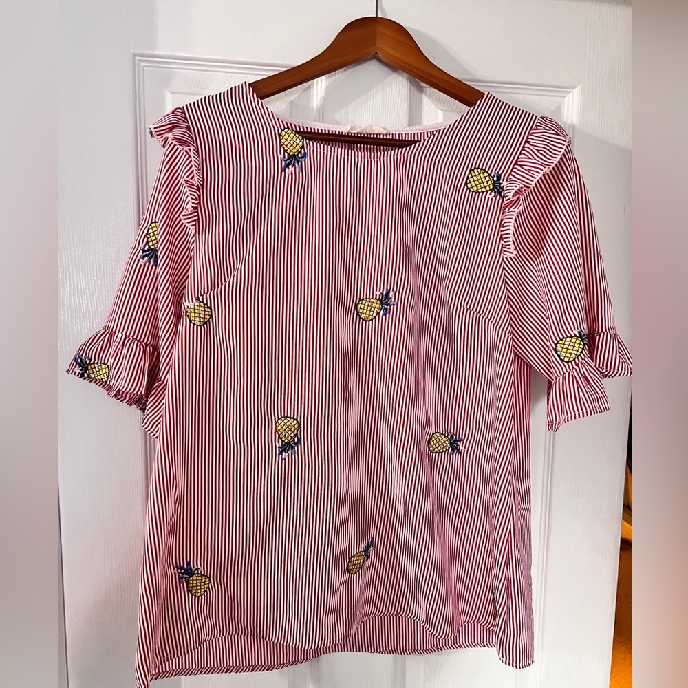 Red Stripe with Embroidered Pineapple Shirt- Size L